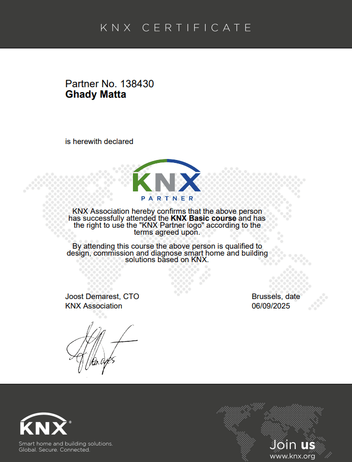 KNX Partner Certificate – Ghady Matta (Partner No. 138430)