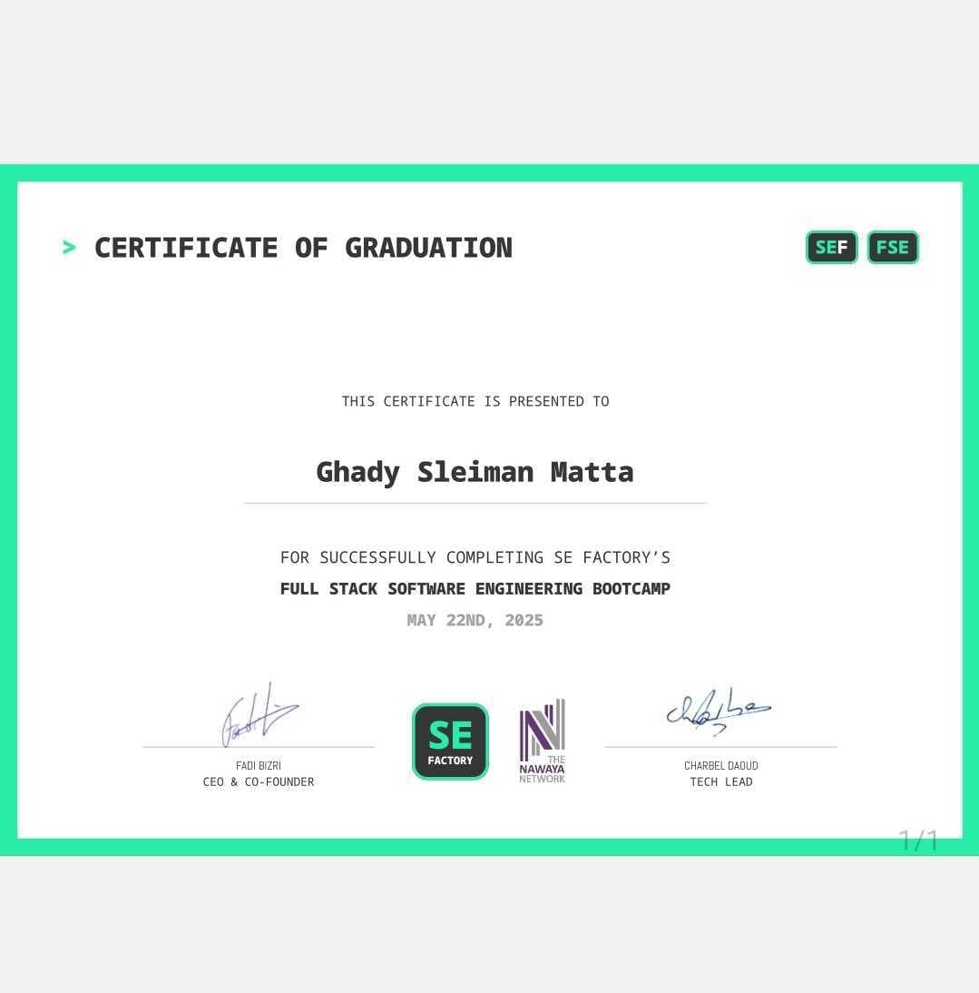 SE Factory FSE Certificate of Graduation — Ghady Sleiman Matta (May 22nd, 2025)